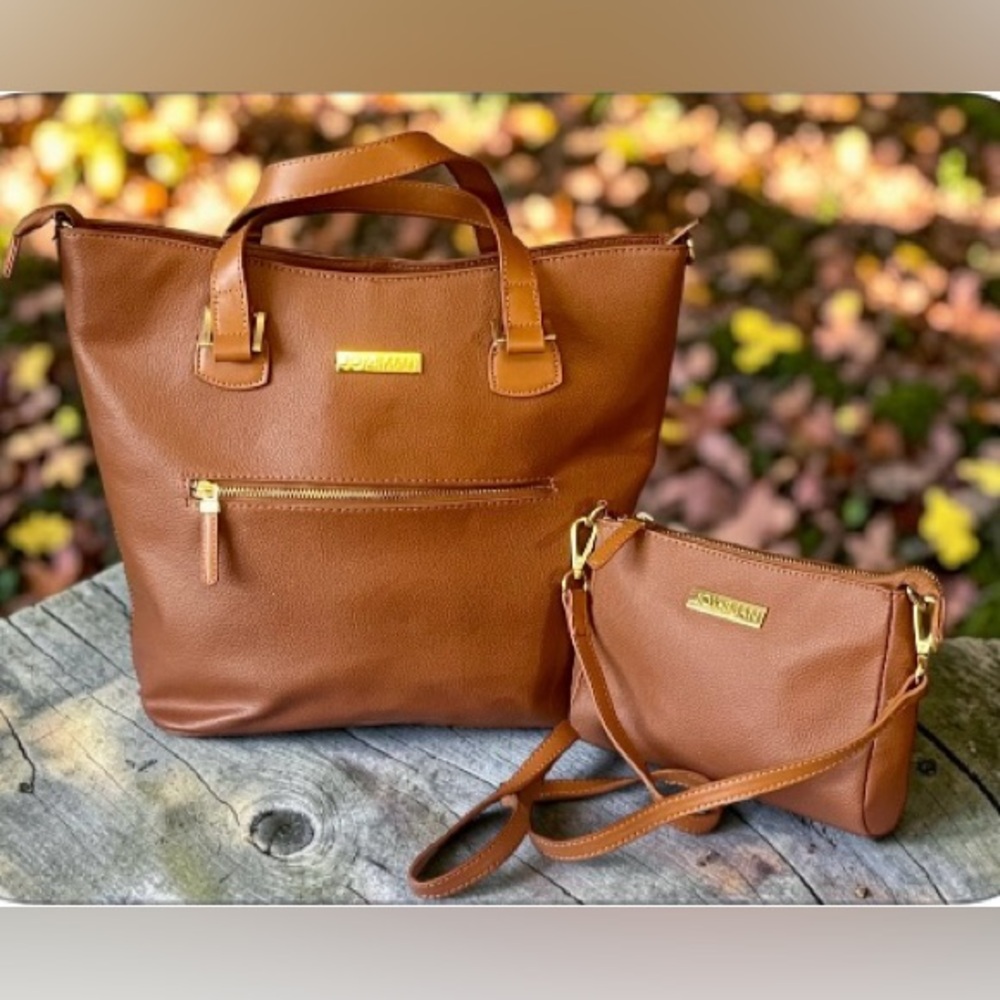 Joy & Iman Alexandria Leather Tan Tote with Matching Crossbody - Everyday Chic - Picture 1 of 12